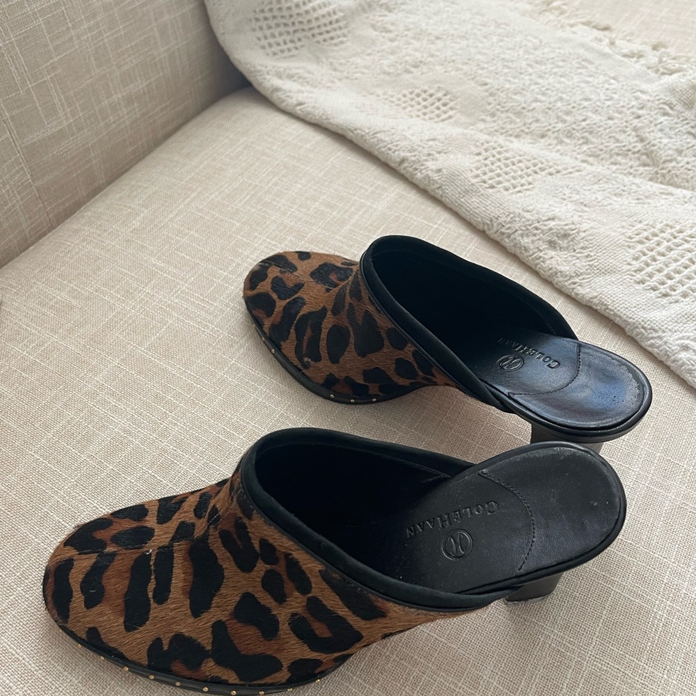 Cole Haan Brown and Black Leopard Print Mules